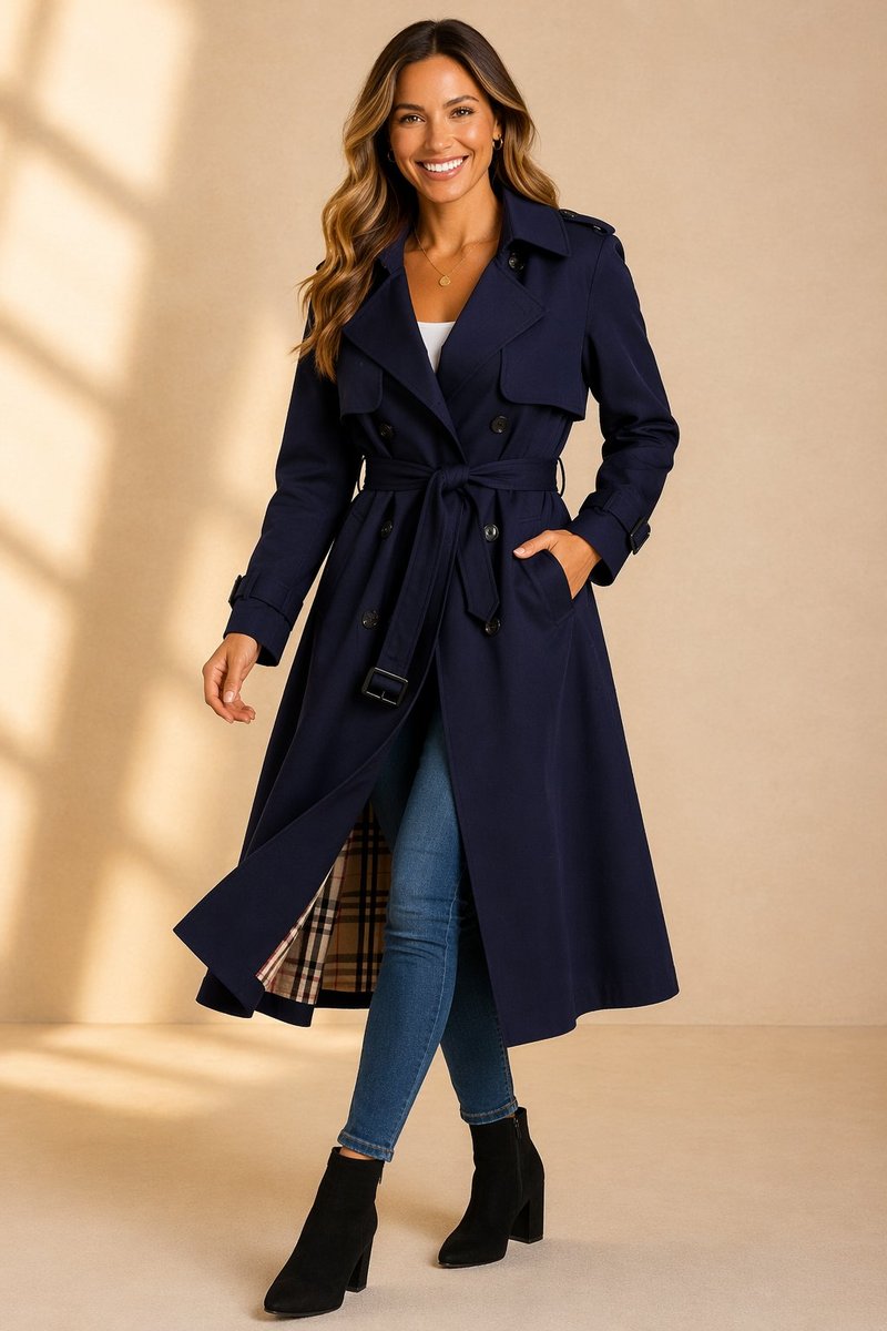 Women's Double-Breasted Belted Long Trench Coat Tartan-Lined - Navy
