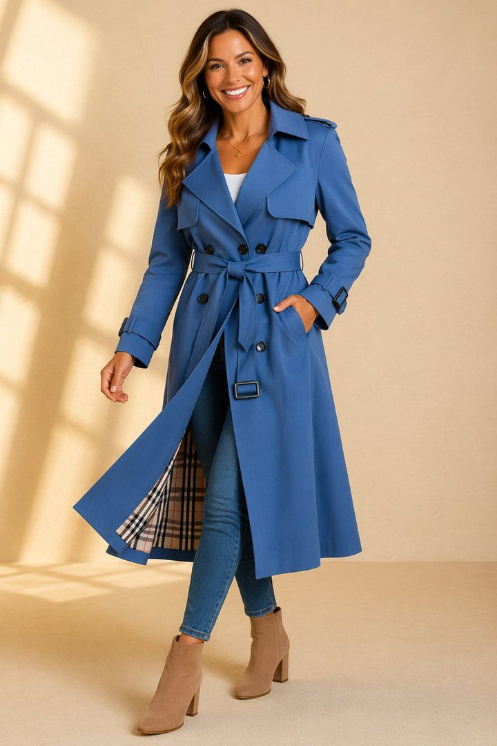 Women's Double-Breasted Belted Long Trench Coat Tartan-Lined - Blue