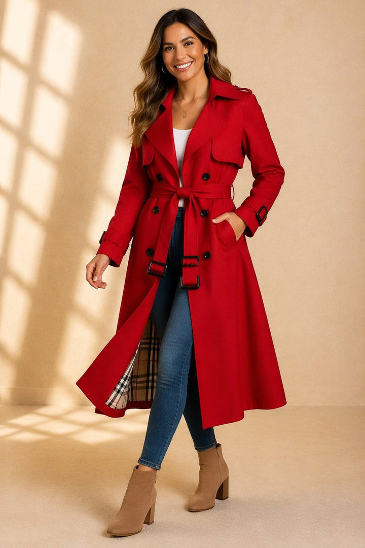 Women's Double-Breasted Belted Long Trench Coat Tartan-Lined - Red