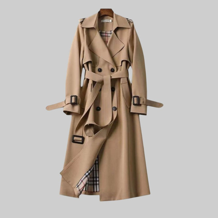 Women's Double-Breasted Belted Longline Trench Coat - Beige