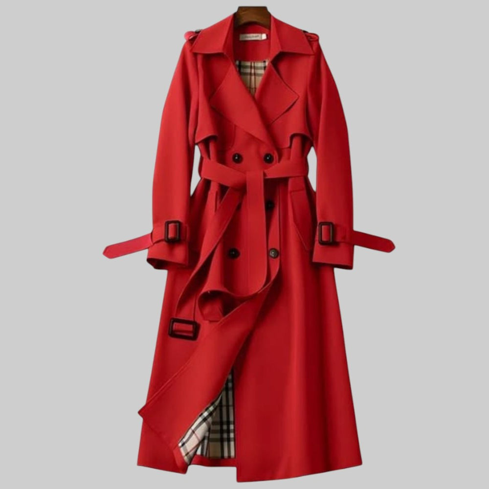 Women's Double-Breasted Belted Longline Trench Coat - Red