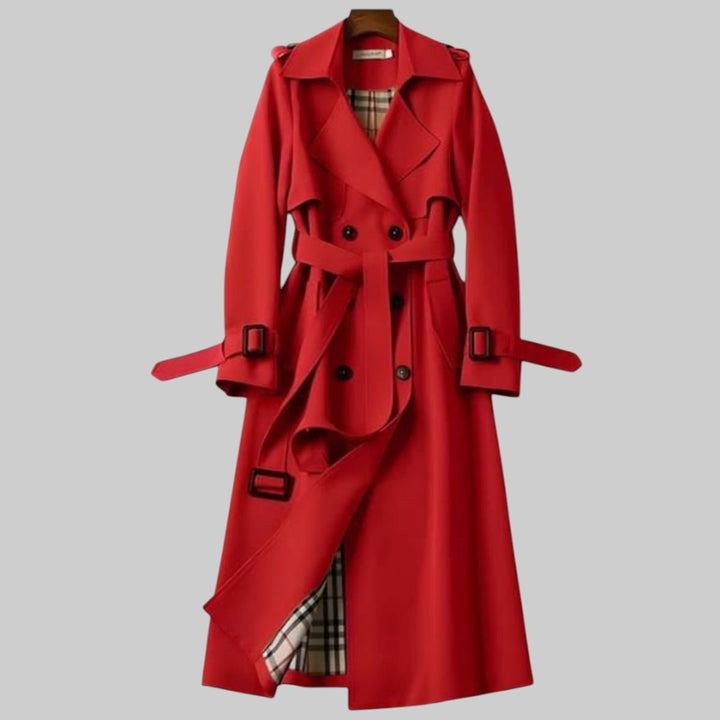 Women's Double-Breasted Belted Longline Trench Coat - Red