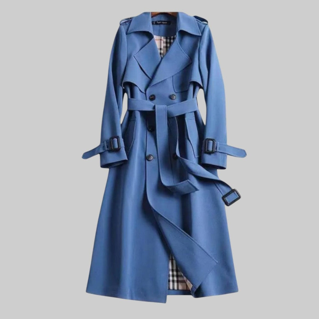 Women's Double-Breasted Belted Longline Trench Coat - Blue