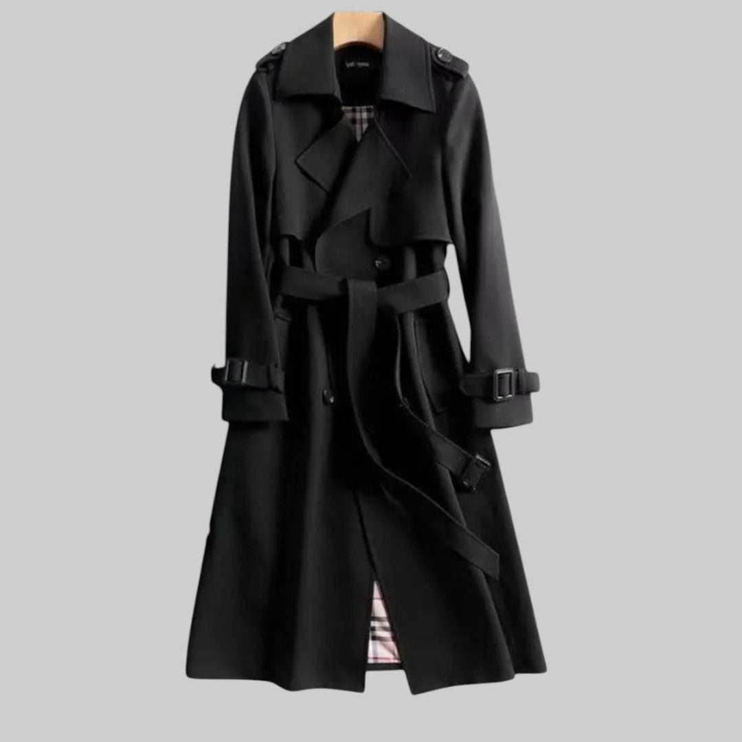 Women's Double-Breasted Belted Longline Trench Coat - Black