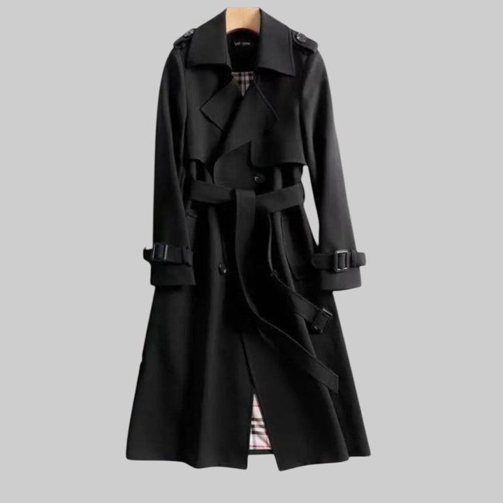 Women's Double-Breasted Belted Longline Trench Coat - Black