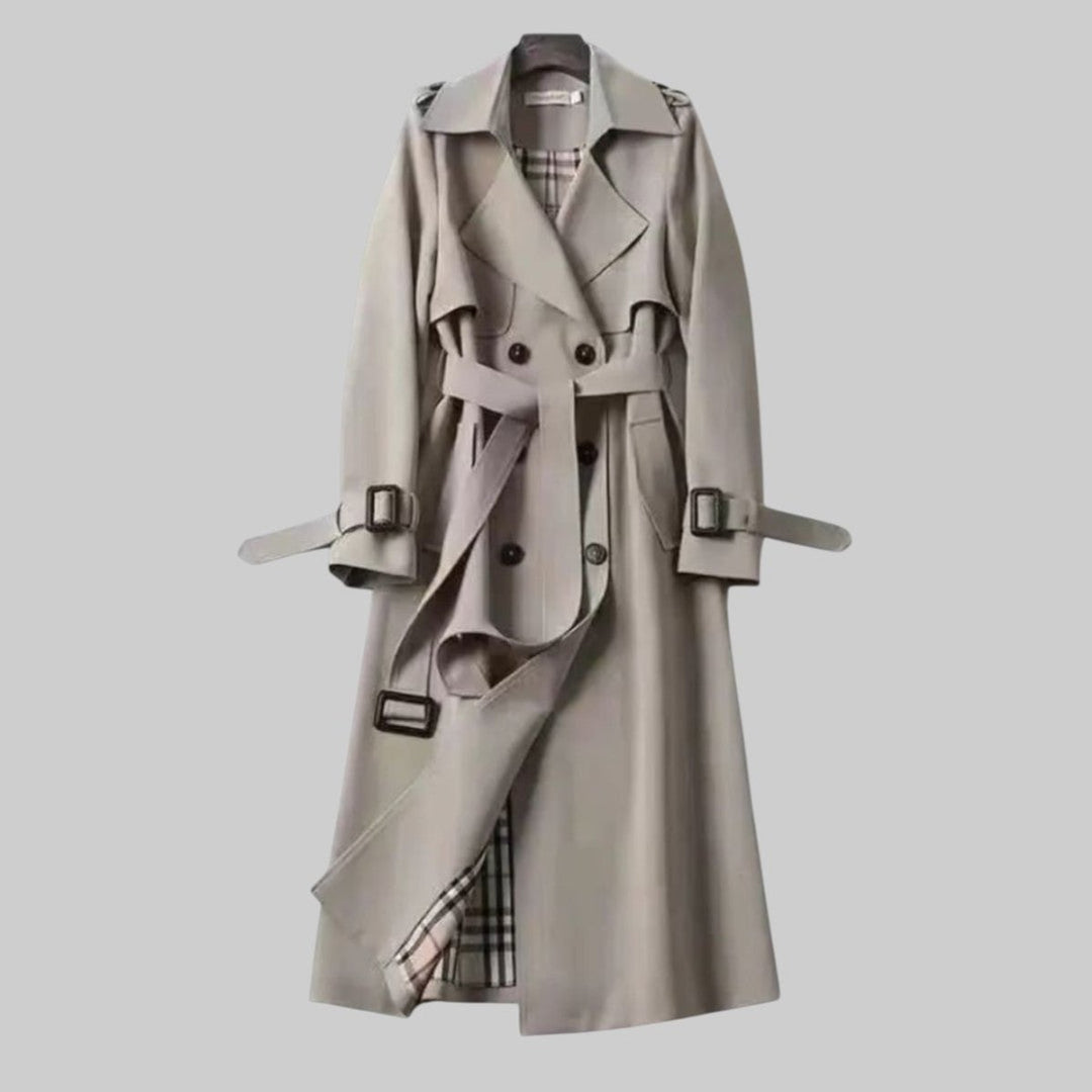 Women's Double-Breasted Belted Longline Trench Coat - Gray