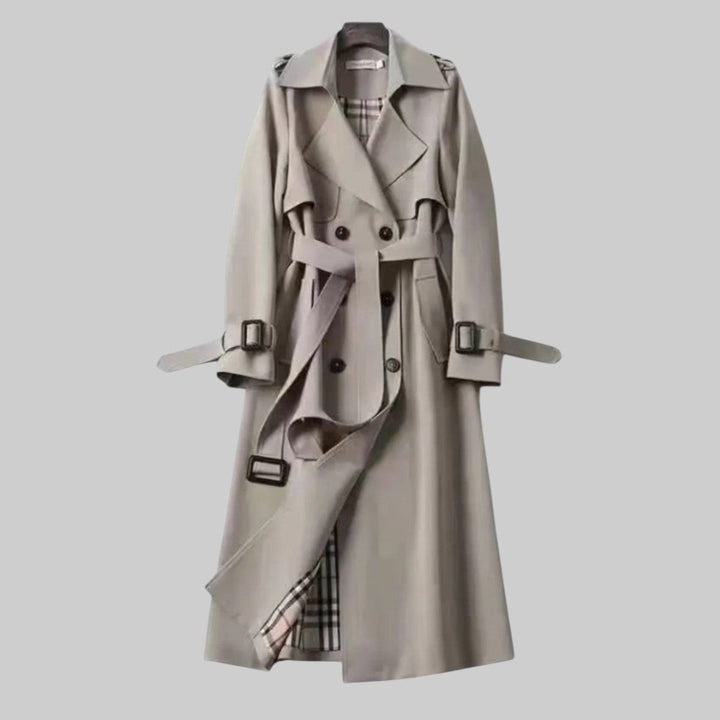 Women's Double-Breasted Belted Longline Trench Coat - Gray