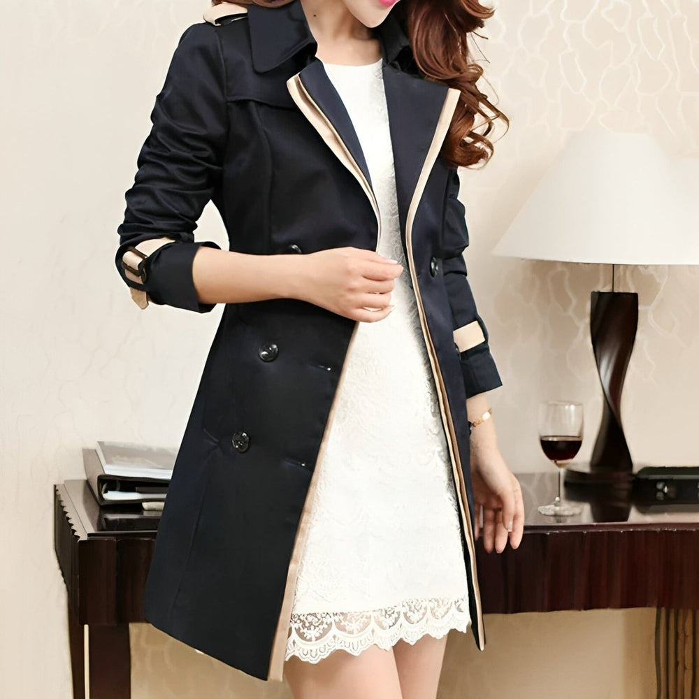 Women's Double-Breasted Contrast-Trim Long Trench Coat