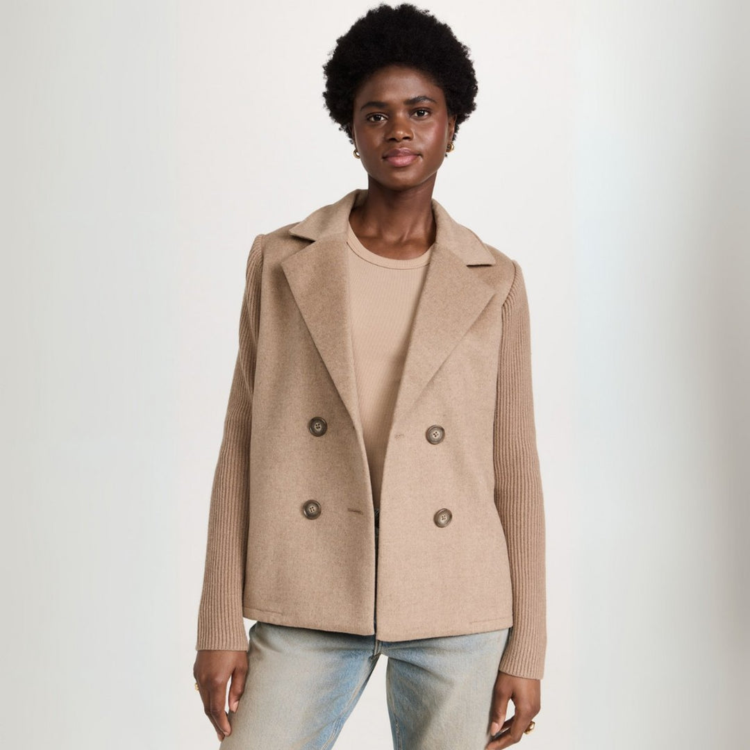 Women's Double-Breasted Knit-Sleeve Wool-Blend Blazer Coat