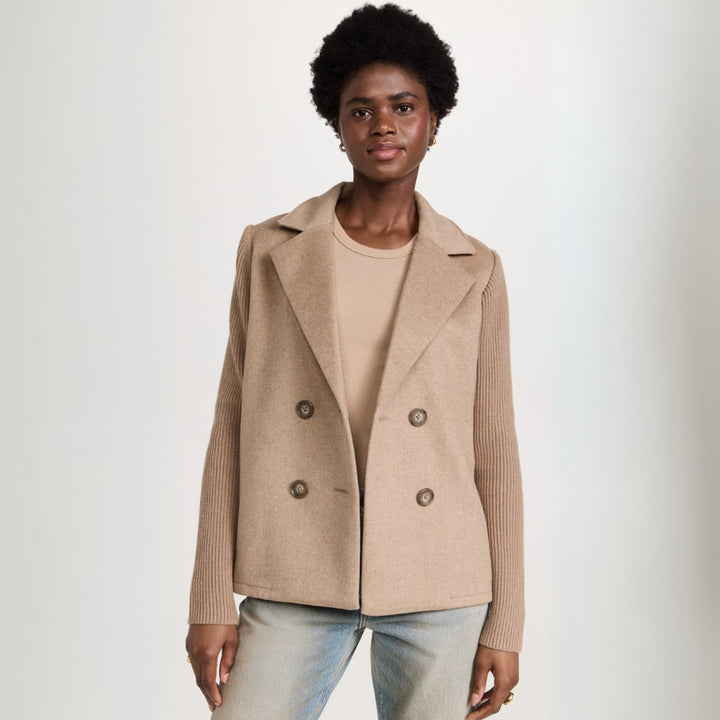 Women's Double-Breasted Knit-Sleeve Wool-Blend Blazer Coat