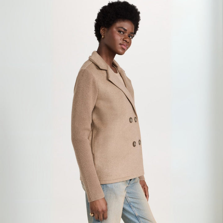 Women's Double-Breasted Knit-Sleeve Wool-Blend Blazer Coat