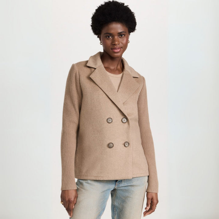 Women's Double-Breasted Knit-Sleeve Wool-Blend Blazer Coat