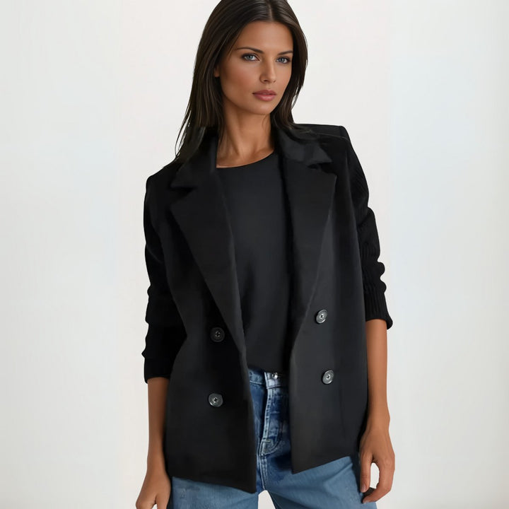 Women's Double-Breasted Knit-Sleeve Wool-Blend Blazer Coat