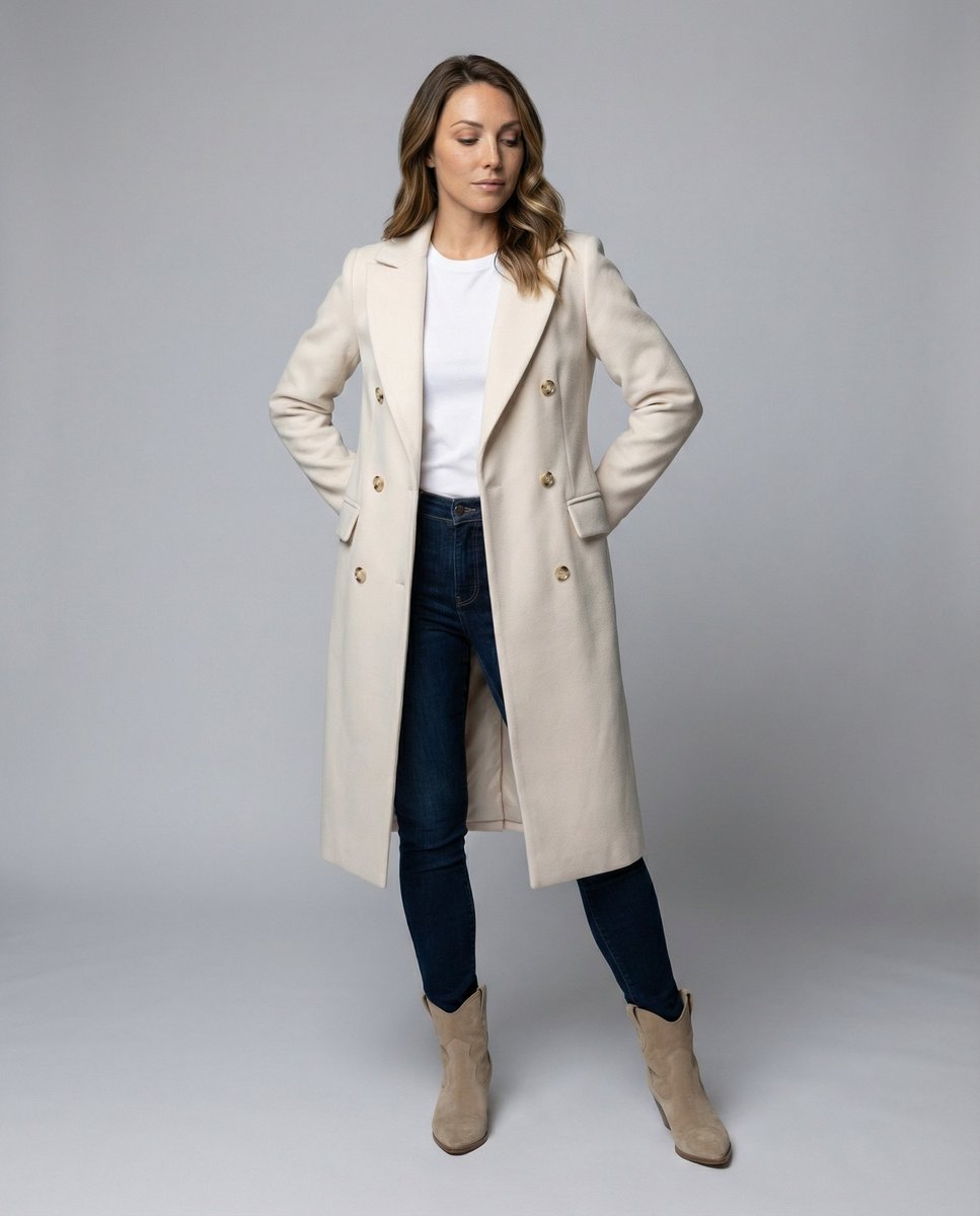Women's Double-Breasted Long-Line Trench Coat Notched Lapel Gold Buttons