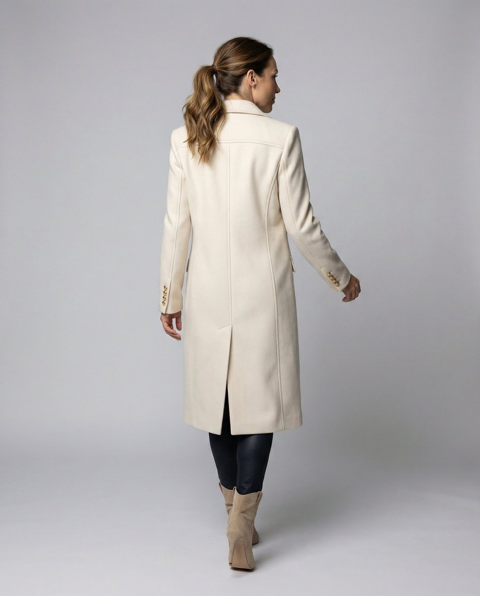 Women's Double-Breasted Long-Line Trench Coat Notched Lapel Gold Buttons