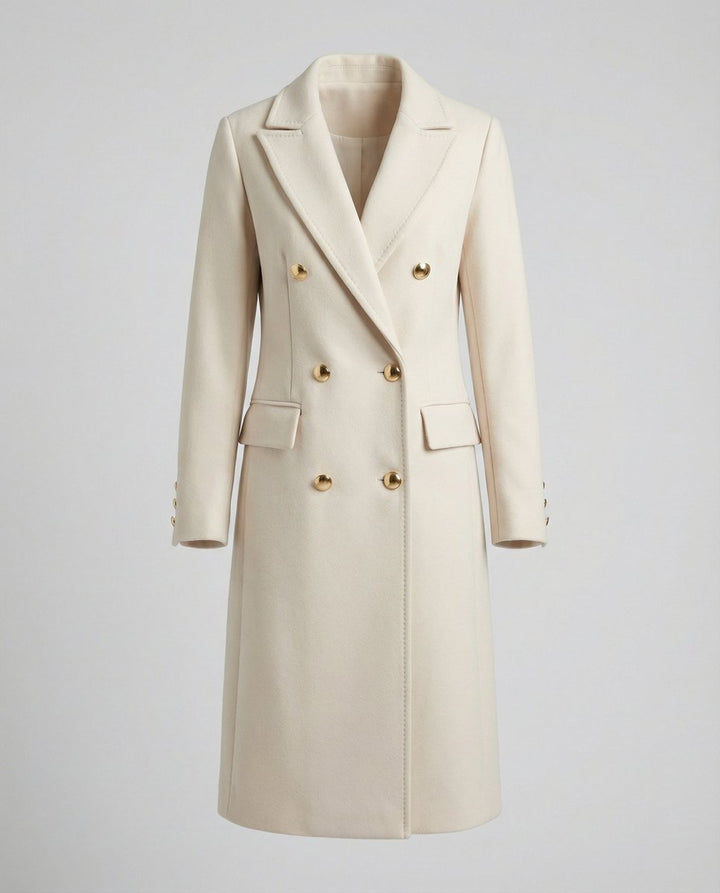 Women's Double-Breasted Long-Line Trench Coat Notched Lapel Gold Buttons