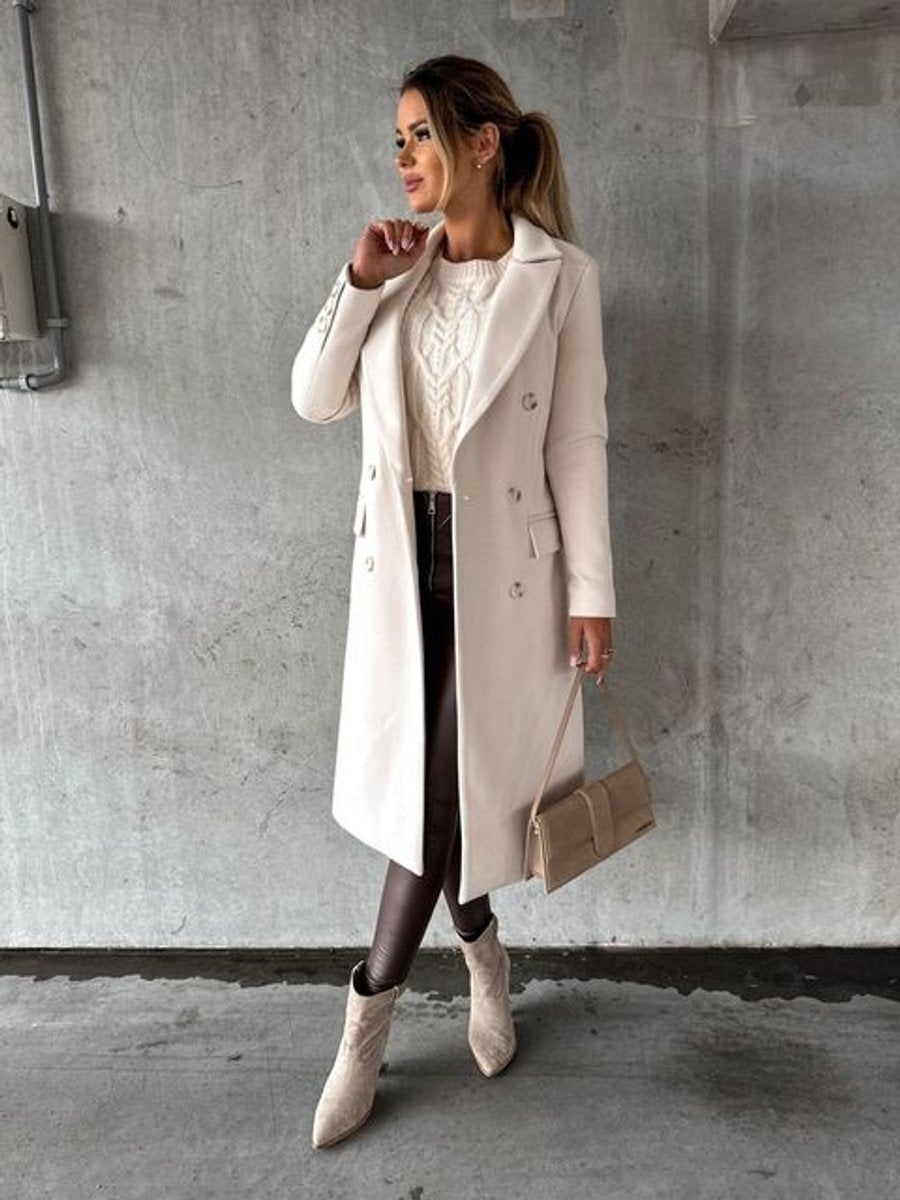 Women's Double-Breasted Long-Line Trench Coat Notched Lapel Gold Buttons