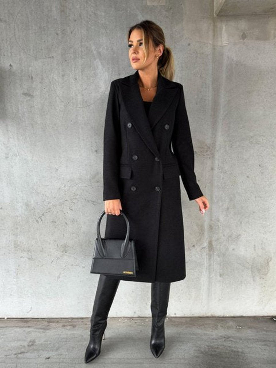 Women's Double-Breasted Long-Line Trench Coat Notched Lapel Gold Buttons - Black