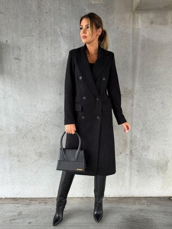 Women's Double-Breasted Long-Line Trench Coat Notched Lapel Gold Buttons - Black