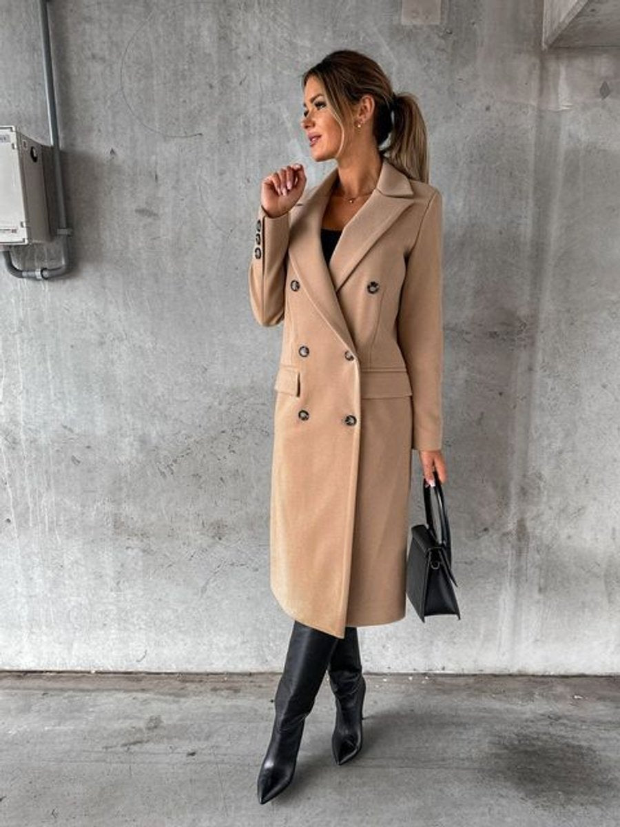 Women's Double-Breasted Long-Line Trench Coat Notched Lapel Gold Buttons - Khaki