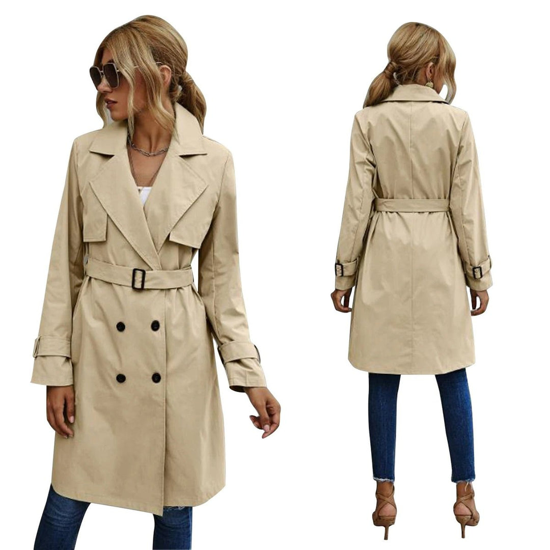 Women's Double-Breasted Long Trench Coat Lapel Belted Jacket