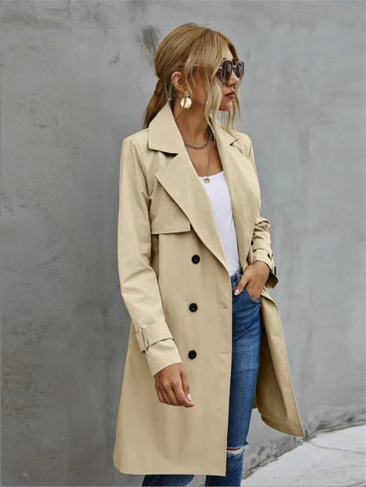 Women's Double-Breasted Long Trench Coat Lapel Belted Jacket