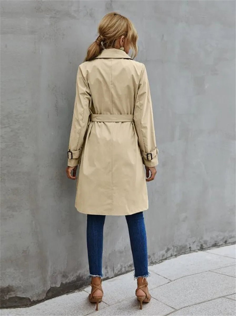Women's Double-Breasted Long Trench Coat Lapel Belted Jacket