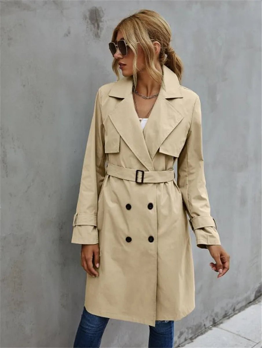 Women's Double-Breasted Long Trench Coat Lapel Belted Jacket