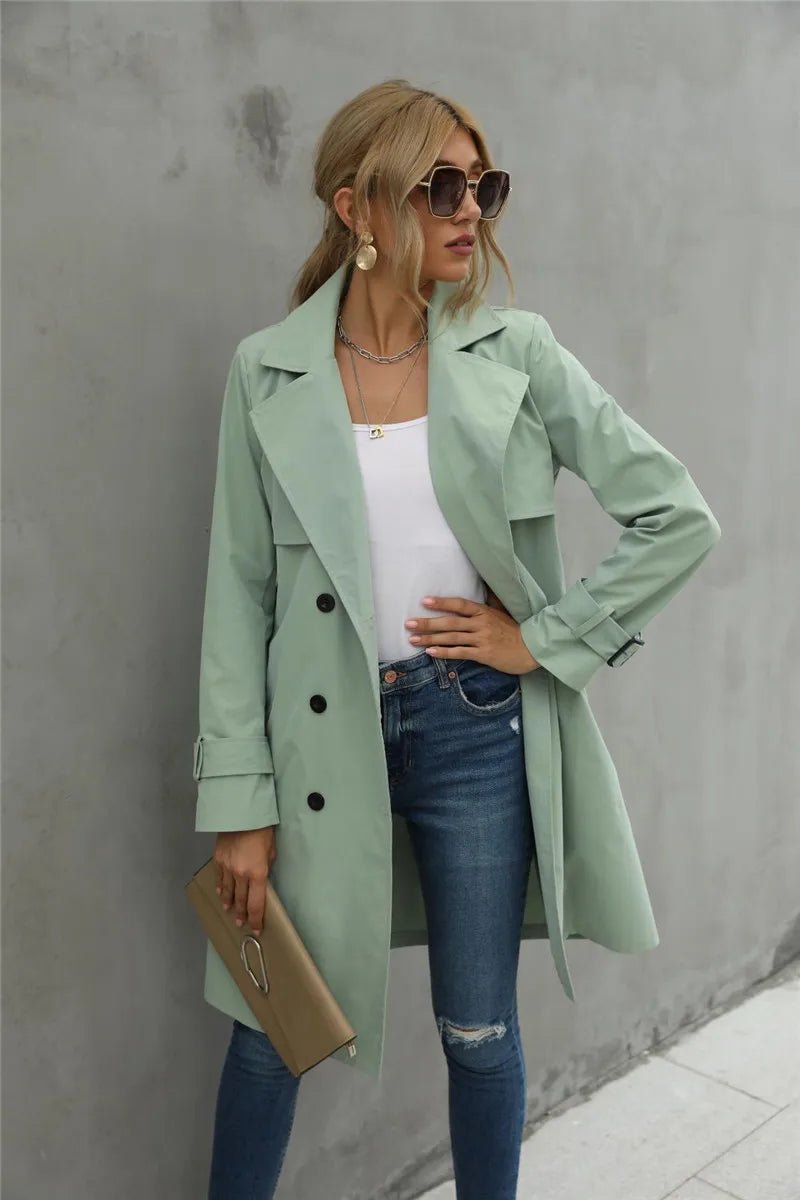 Women's Double-Breasted Long Trench Coat Lapel Belted Jacket