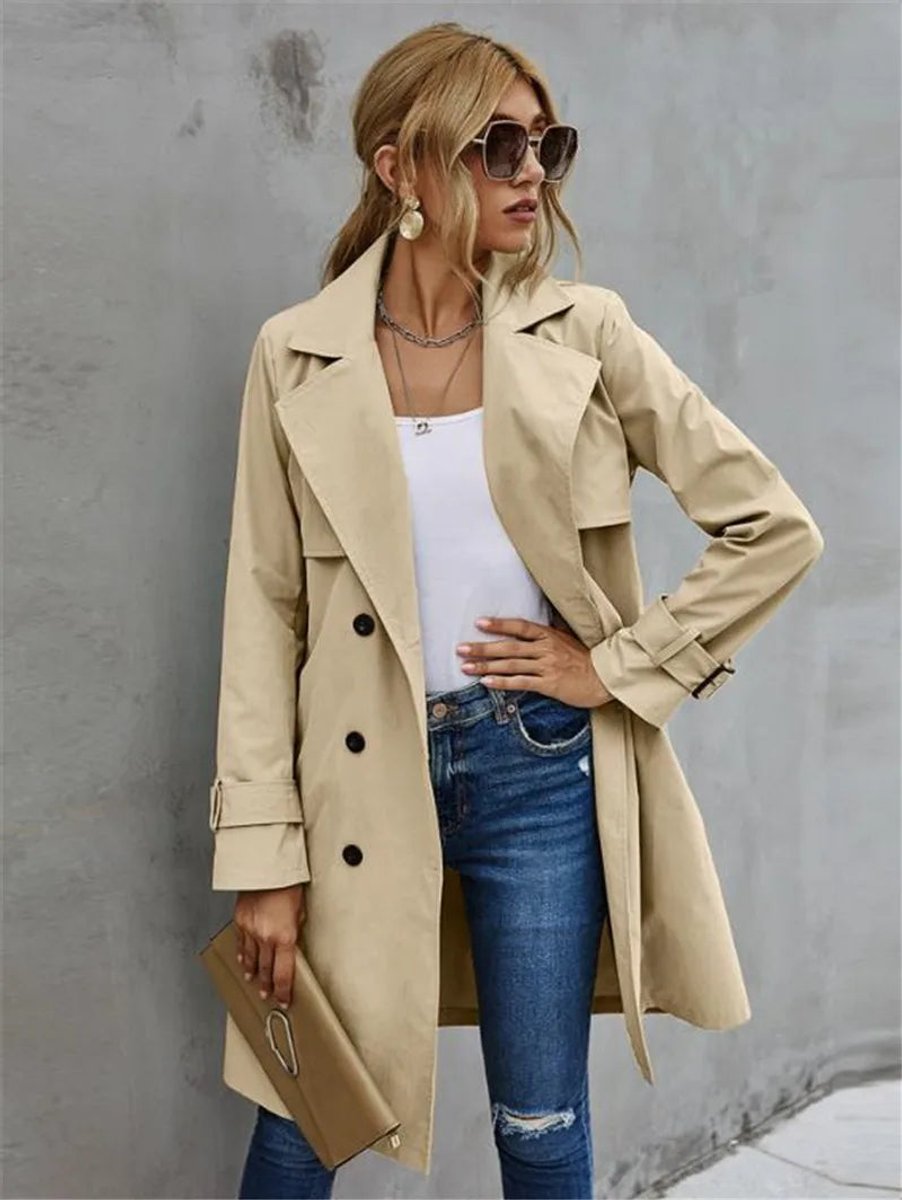 Women's Double-Breasted Long Trench Coat Lapel Belted Jacket