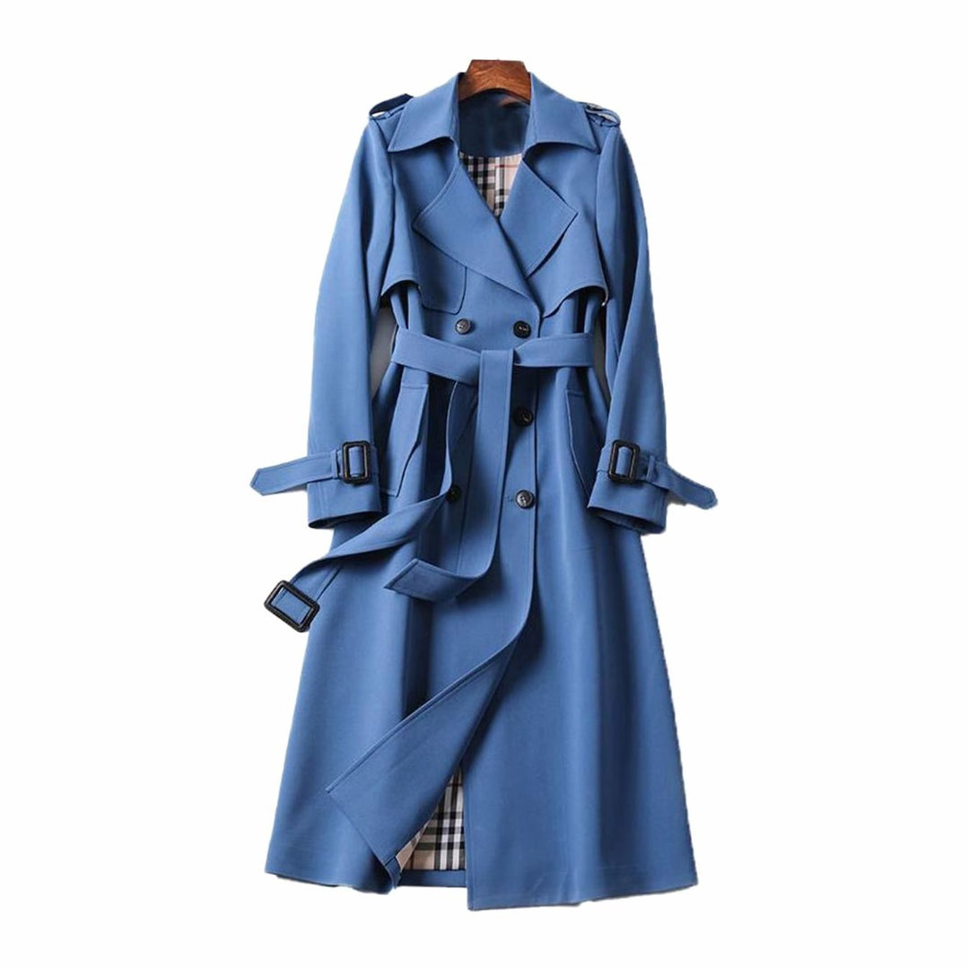 Women's Double-Breasted Longline Belted Trench Coat - Blue