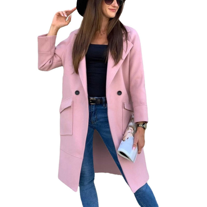 Women's Double-Breasted Longline Lapel Trench Coat Flap Pockets