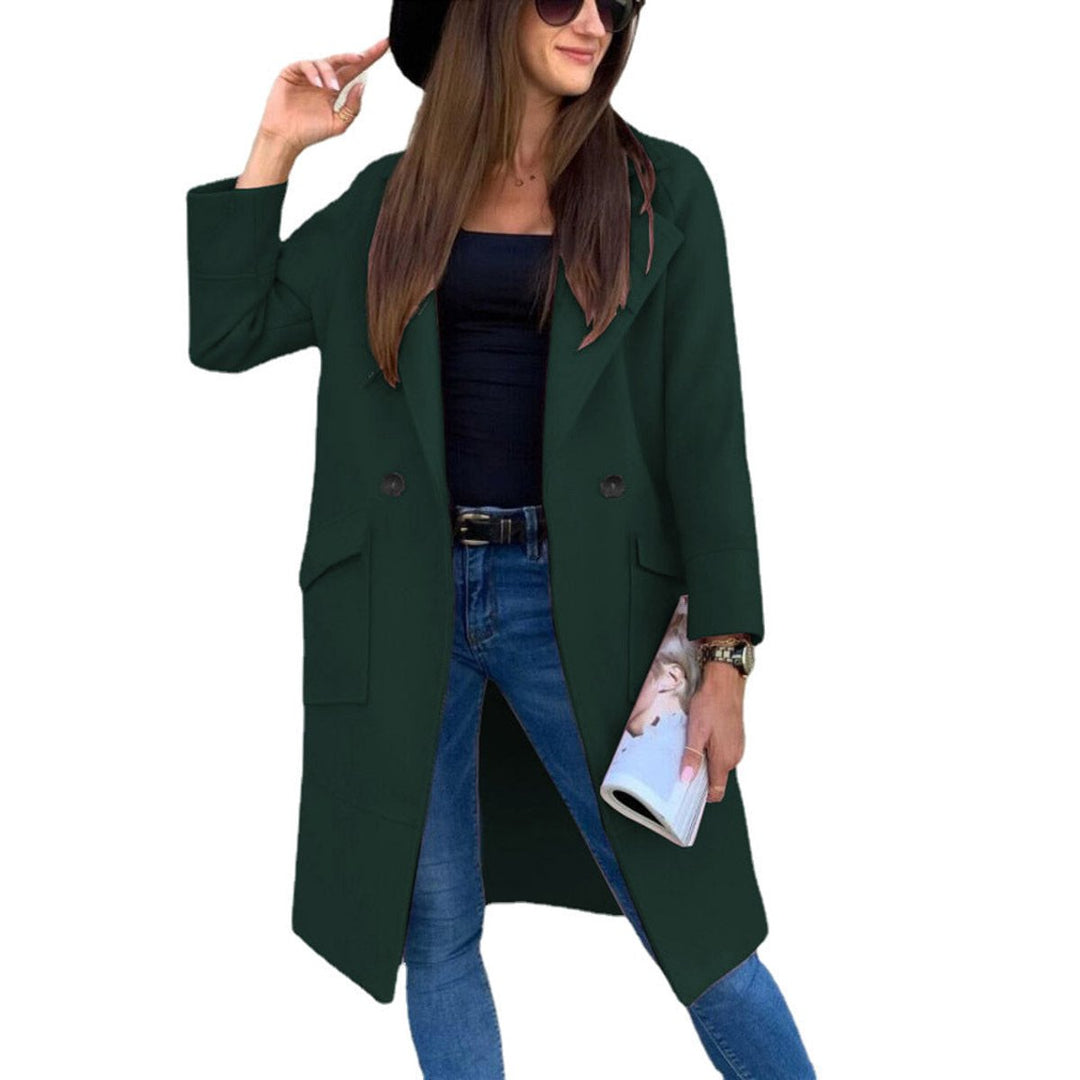 Women's Double-Breasted Longline Lapel Trench Coat Flap Pockets