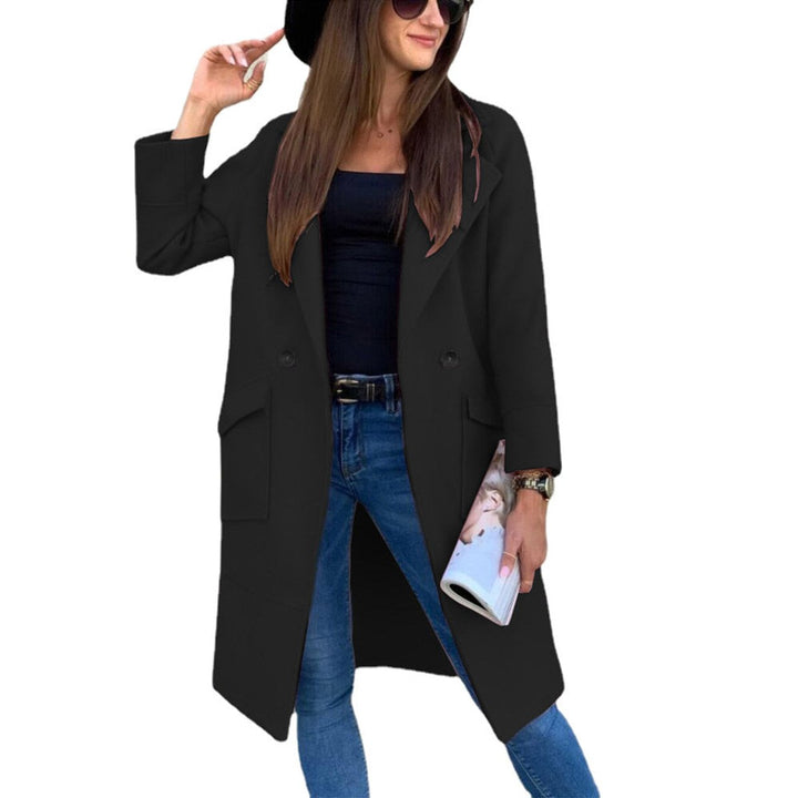 Women's Double-Breasted Longline Lapel Trench Coat Flap Pockets