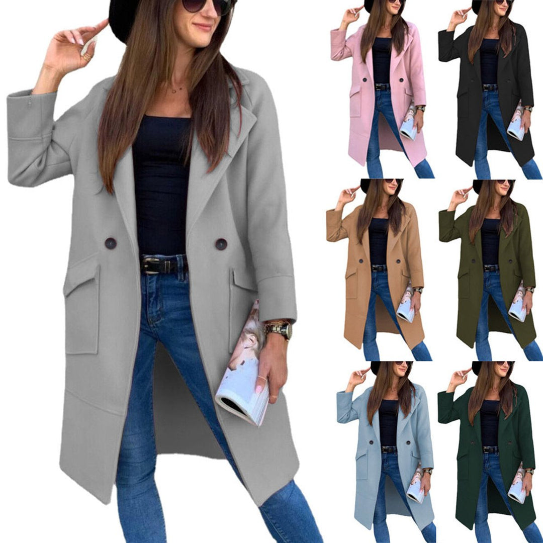 Women's Double-Breasted Longline Lapel Trench Coat Flap Pockets