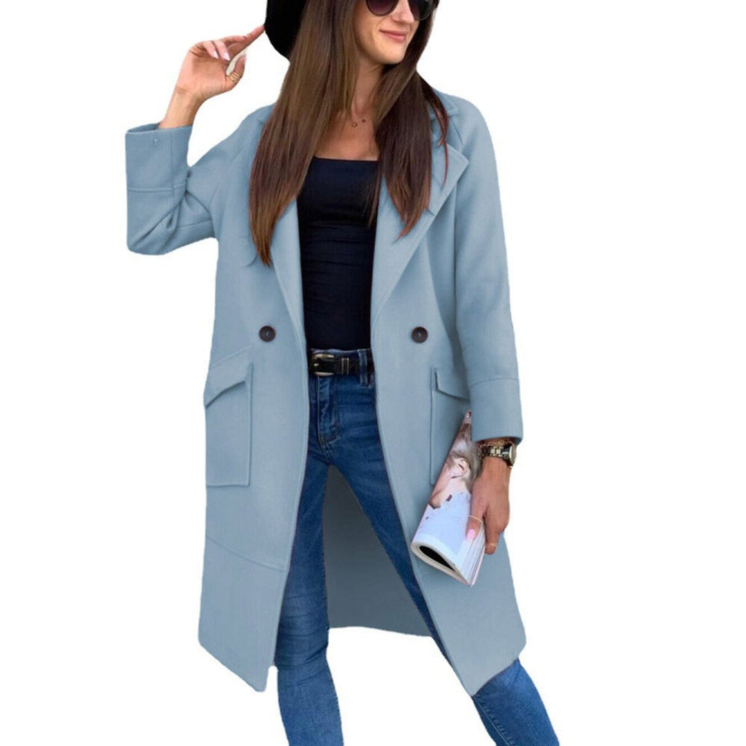 Women's Double-Breasted Longline Lapel Trench Coat Flap Pockets