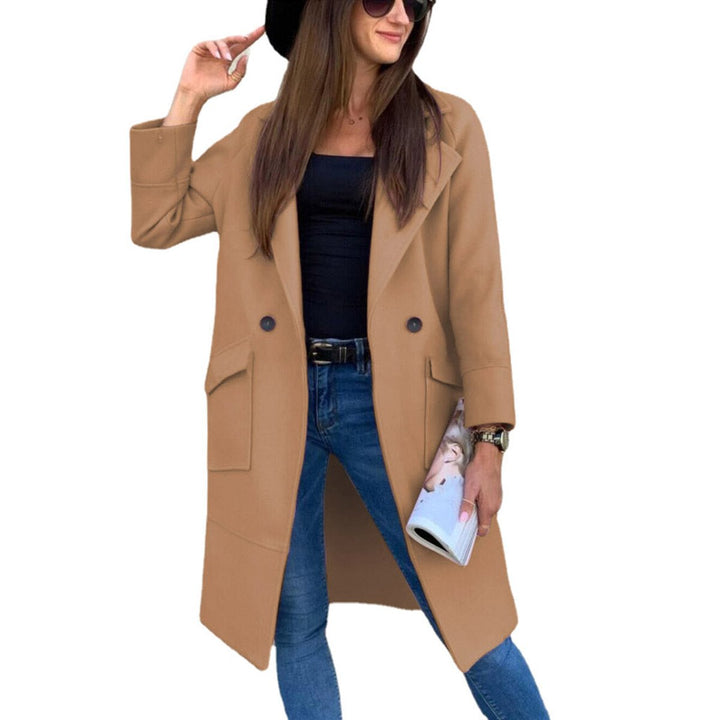 Women's Double-Breasted Longline Lapel Trench Coat Flap Pockets