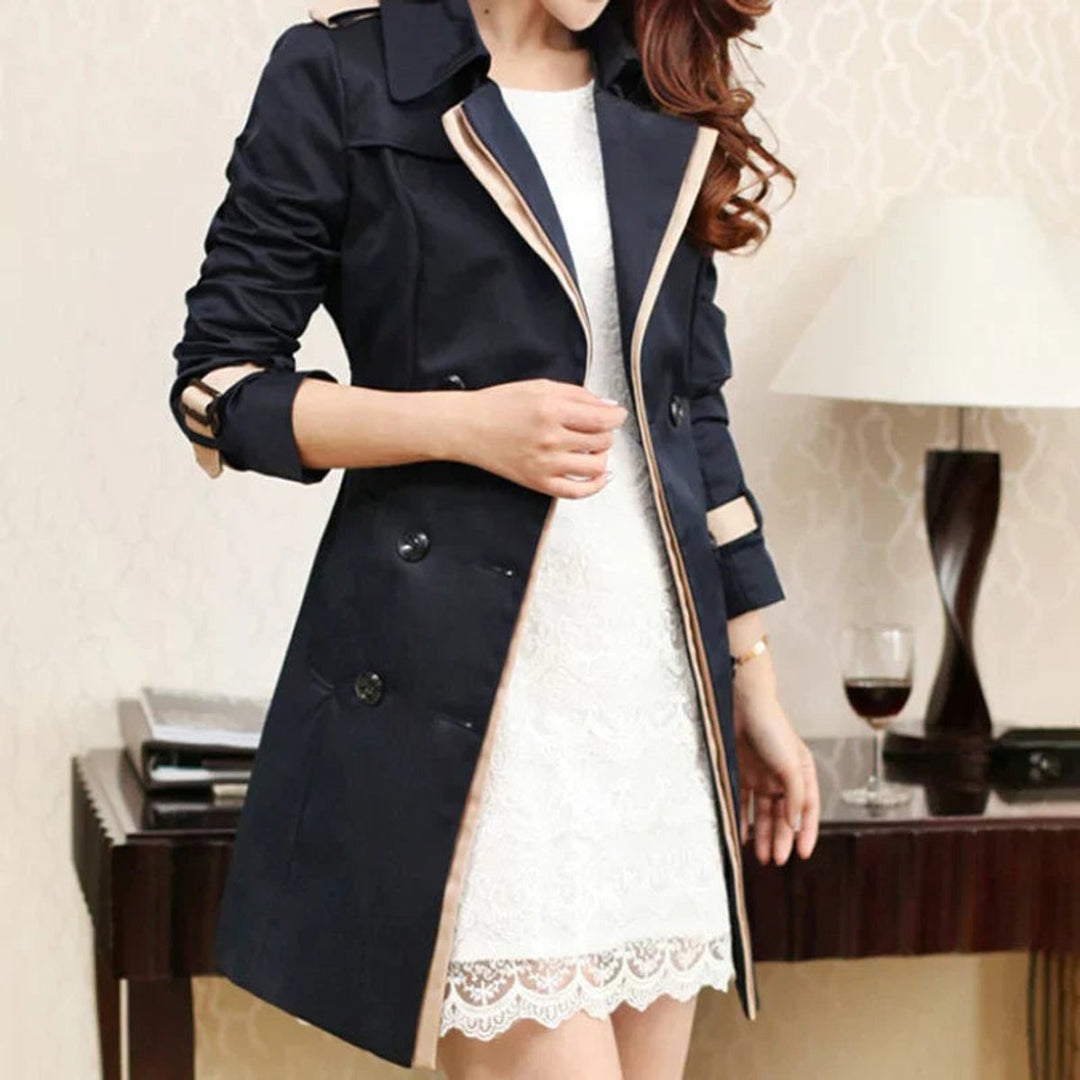 Women's Double-Breasted Mid-Thigh Contrast-Trim Trench Coat