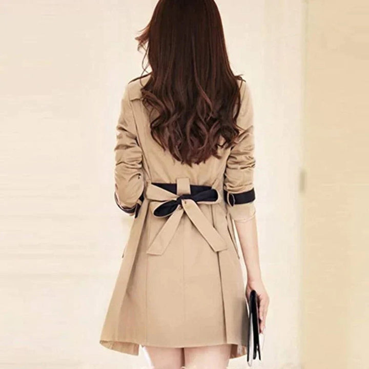 Women's Double-Breasted Mid-Thigh Contrast-Trim Trench Coat