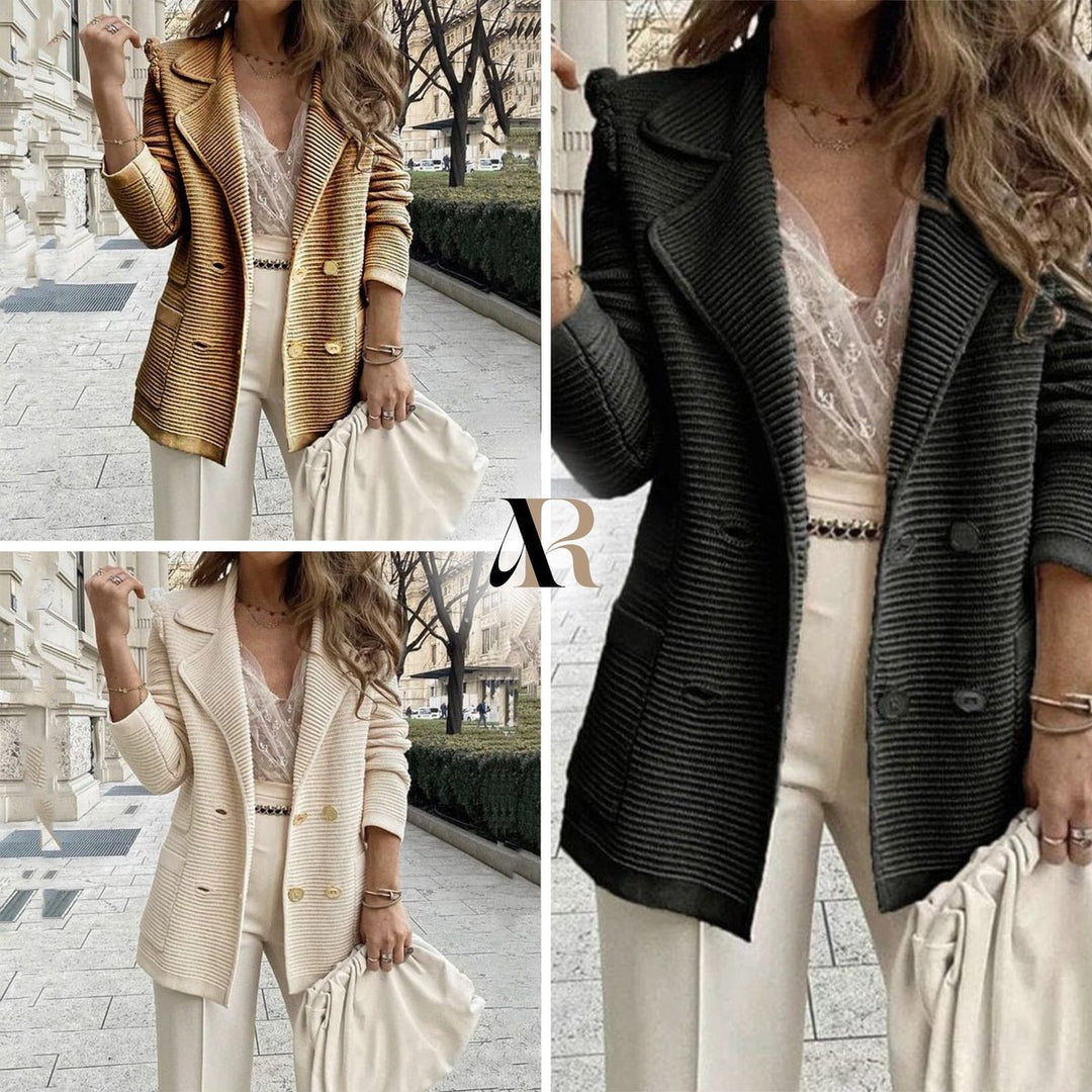 Women's Double-Breasted Ribbed Knit Lapel Blazer Cardigan