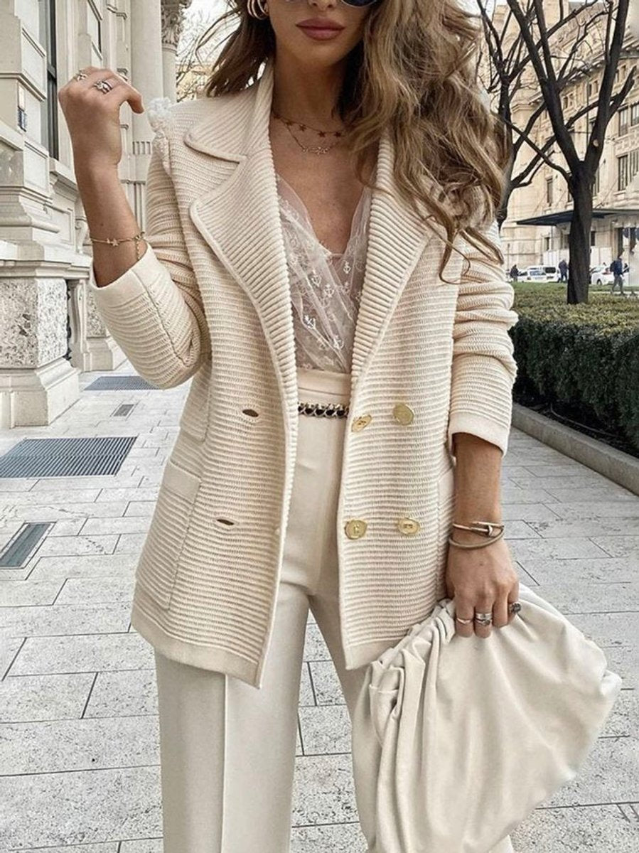 Women's Double-Breasted Ribbed Knit Lapel Blazer Cardigan