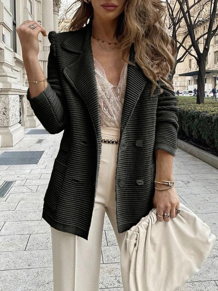Women's Double-Breasted Ribbed Knit Lapel Blazer Cardigan