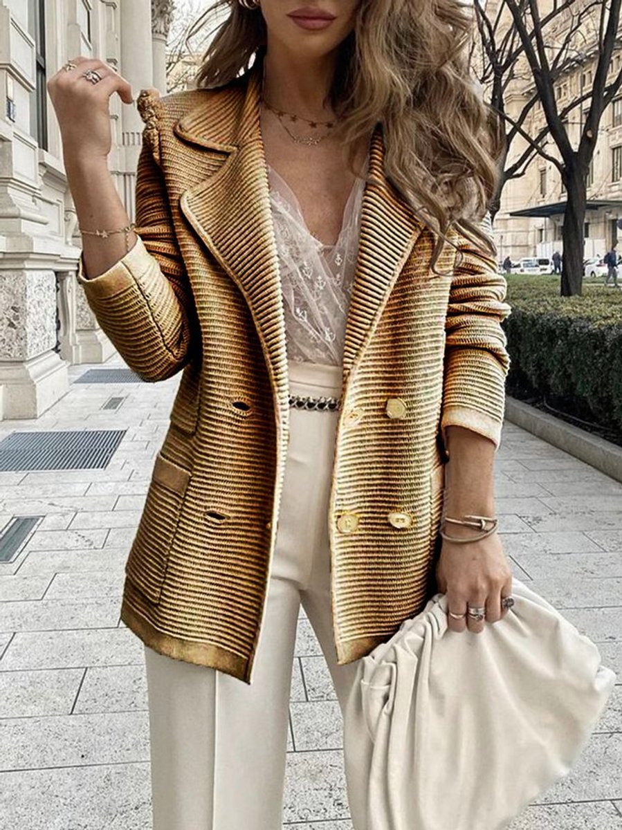 Women's Double-Breasted Ribbed Knit Lapel Blazer Cardigan