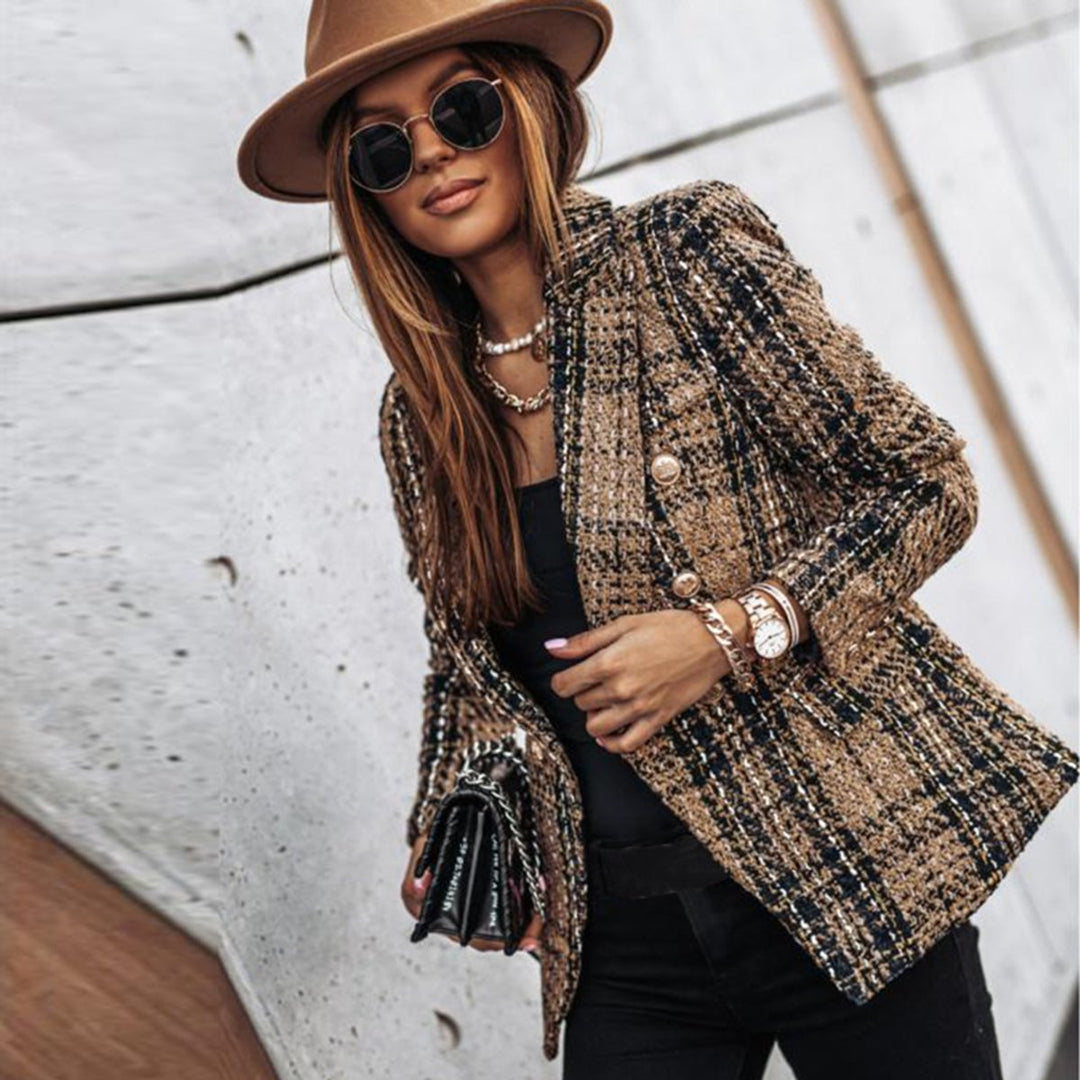 Women's Double-Breasted Tweed Plaid Blazer