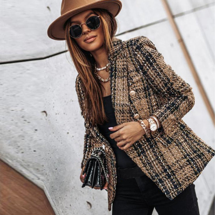 Women's Double-Breasted Tweed Plaid Blazer