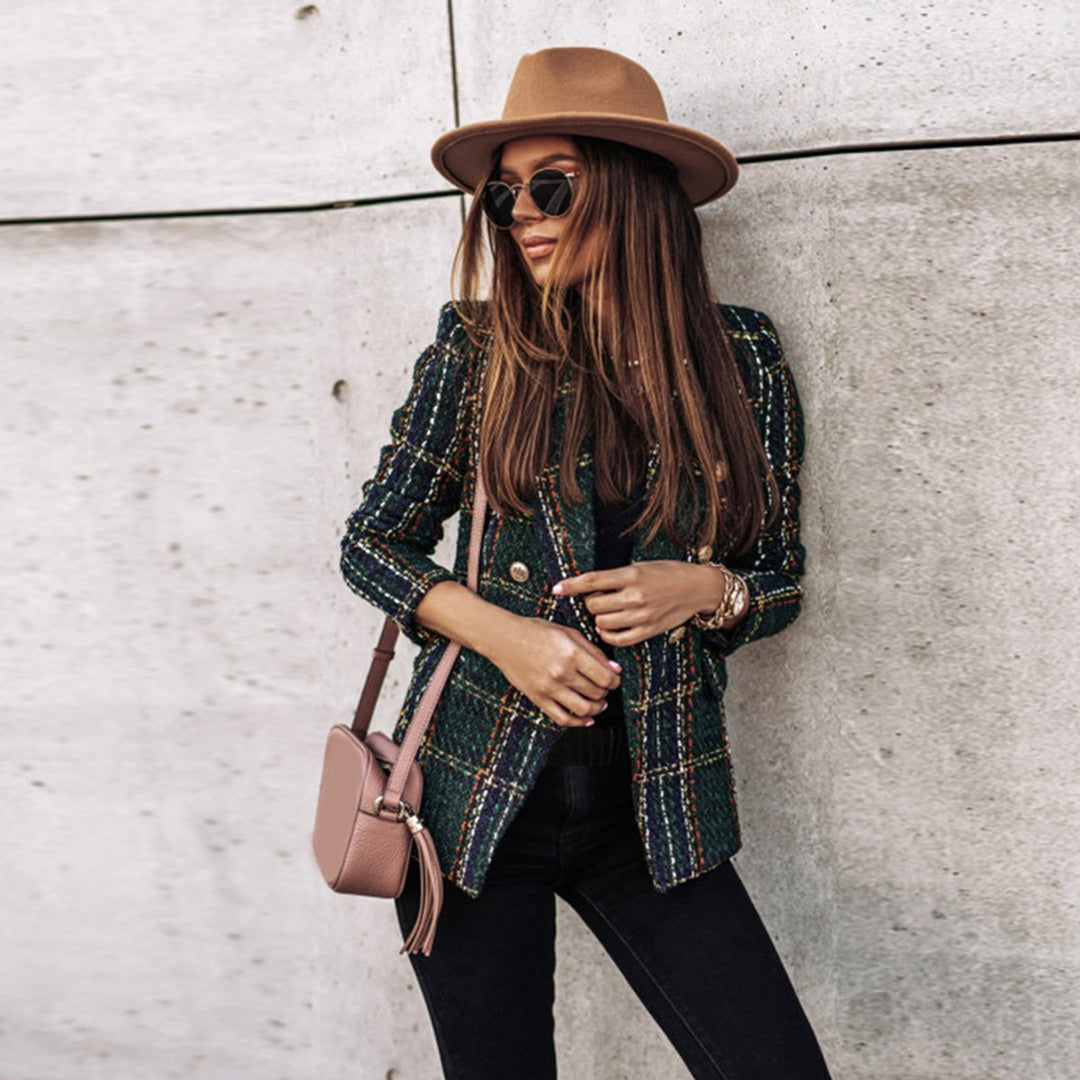 Women's Double-Breasted Tweed Plaid Blazer