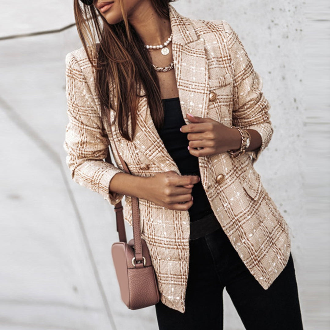 Women's Double-Breasted Tweed Plaid Blazer