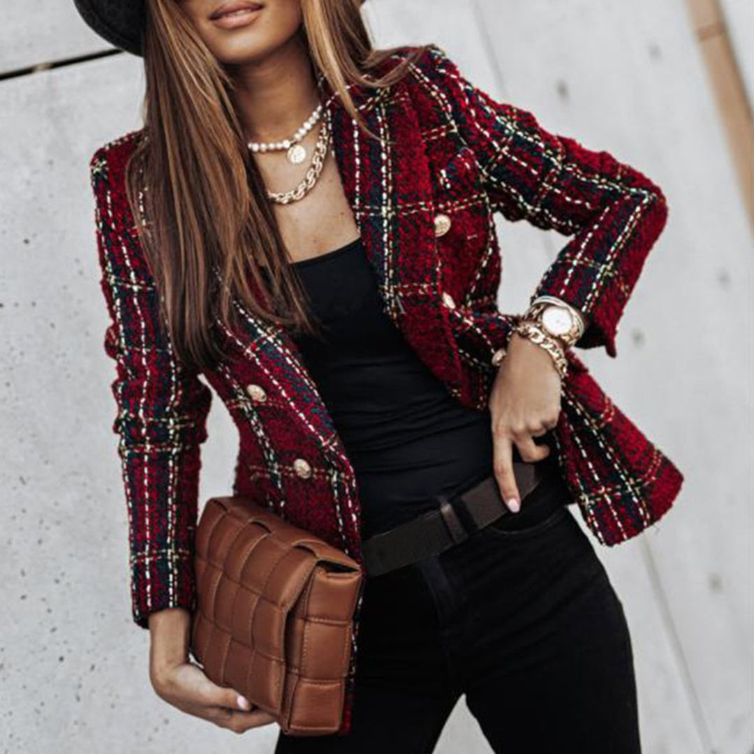 Women's Double-Breasted Tweed Plaid Blazer