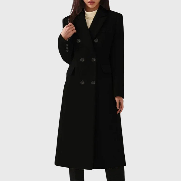 Women's Double-Breasted Wool-Blend Long Trench Coat - Black