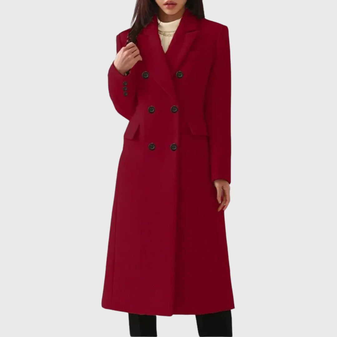 Women's Double-Breasted Wool-Blend Long Trench Coat - Red